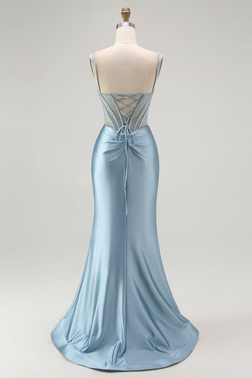 Grey Blue Mermaid Beaded Appliqued Corset Long Prom Dress with Slit